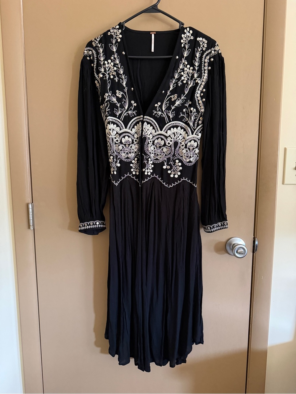 Free People Highline Skyline Black Midi Top with White Embroidery